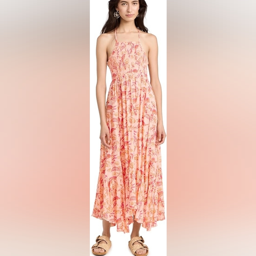 Free People Pink Peach Floral Maxi Dress S Ruched Bust Heatwave Dusky Coral